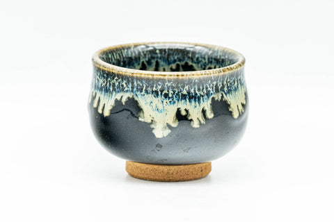 Japanese Teacup - Jet Black Beige Drip-Glazed Guinomi - 40ml - rotated side view
