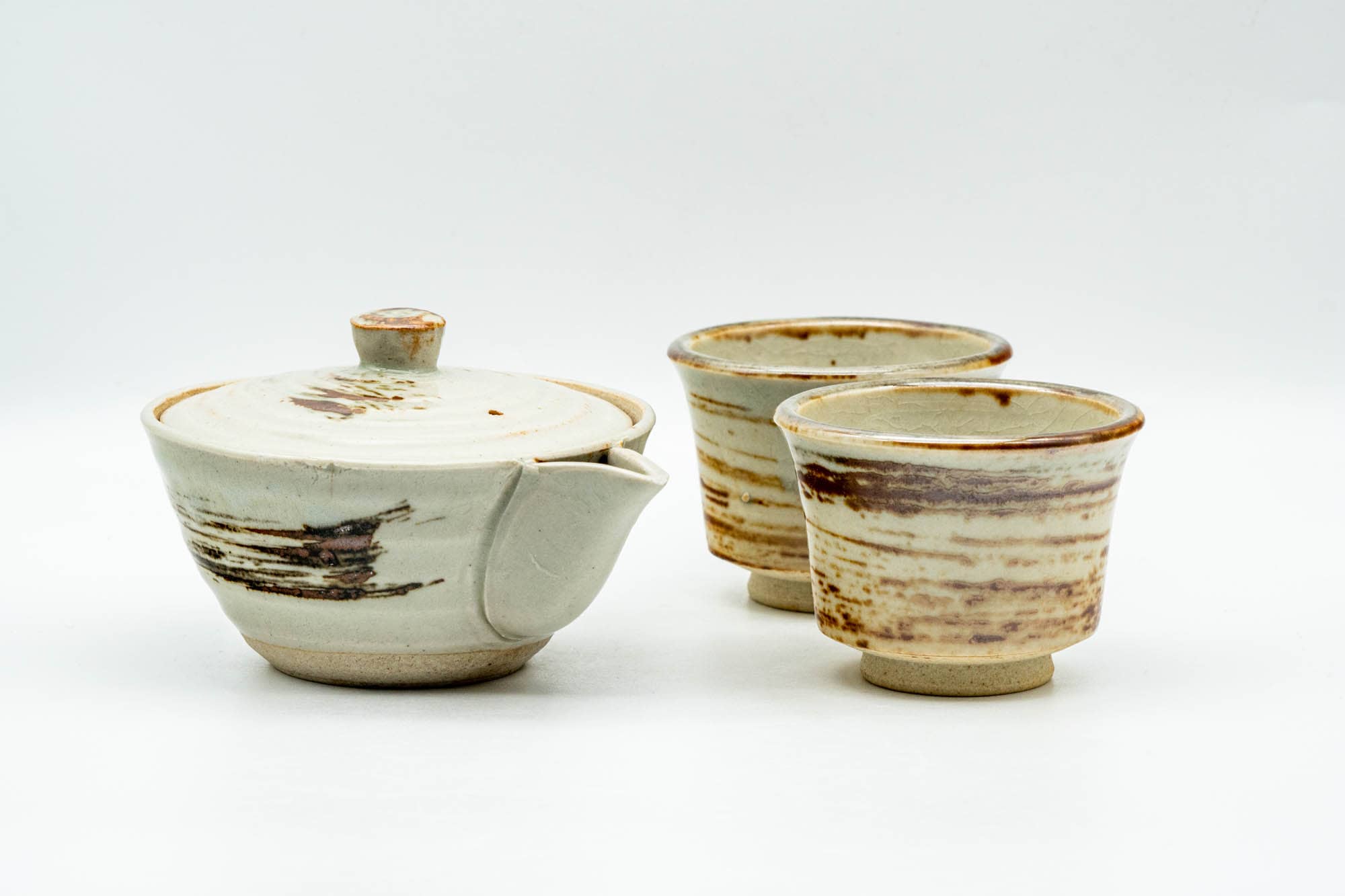 Japanese Tea Set - Beige Hakeme Glazed Houhin Teapot with 2 Yunomi Teacups