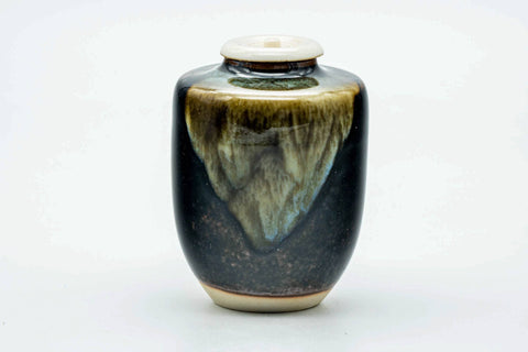 Japanese Chaire - Black Drip-Glazed Katatsuki Seto-yaki Tea Canister with Shifuku