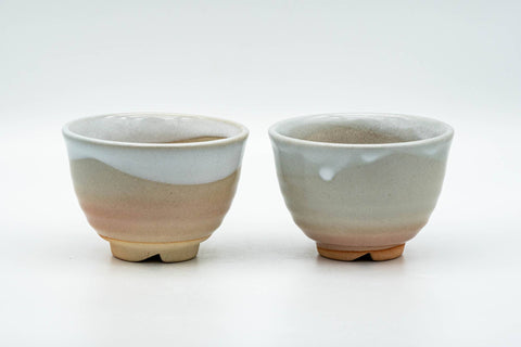 Tezumi — Japanese Teacups - Pair of Unique Beige White Glazed Hagi-yaki Yunomi - 120ml — front view from another angle
