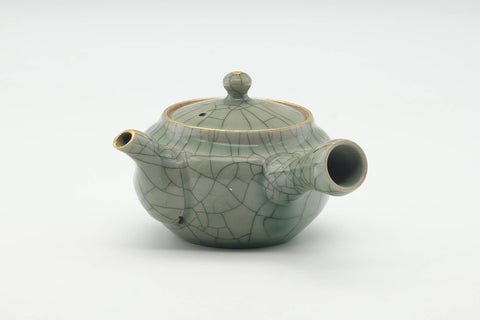 Tezumi — Japanese Kyusu - Golden Horse Green Celadon Glazed Obori Soma-yaki Porcelain Teapot - 200ml — side view showing the spout