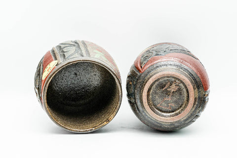 Japanese Teacups - Pair of Fish Engraved Meoto Yunomi in Wooden Box - 200ml