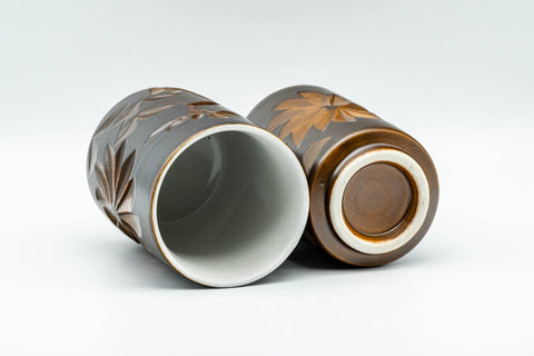 Japanese Teacups - Pair of Brown Floral Tsutsu-gata Lidded Meoto Yunomi