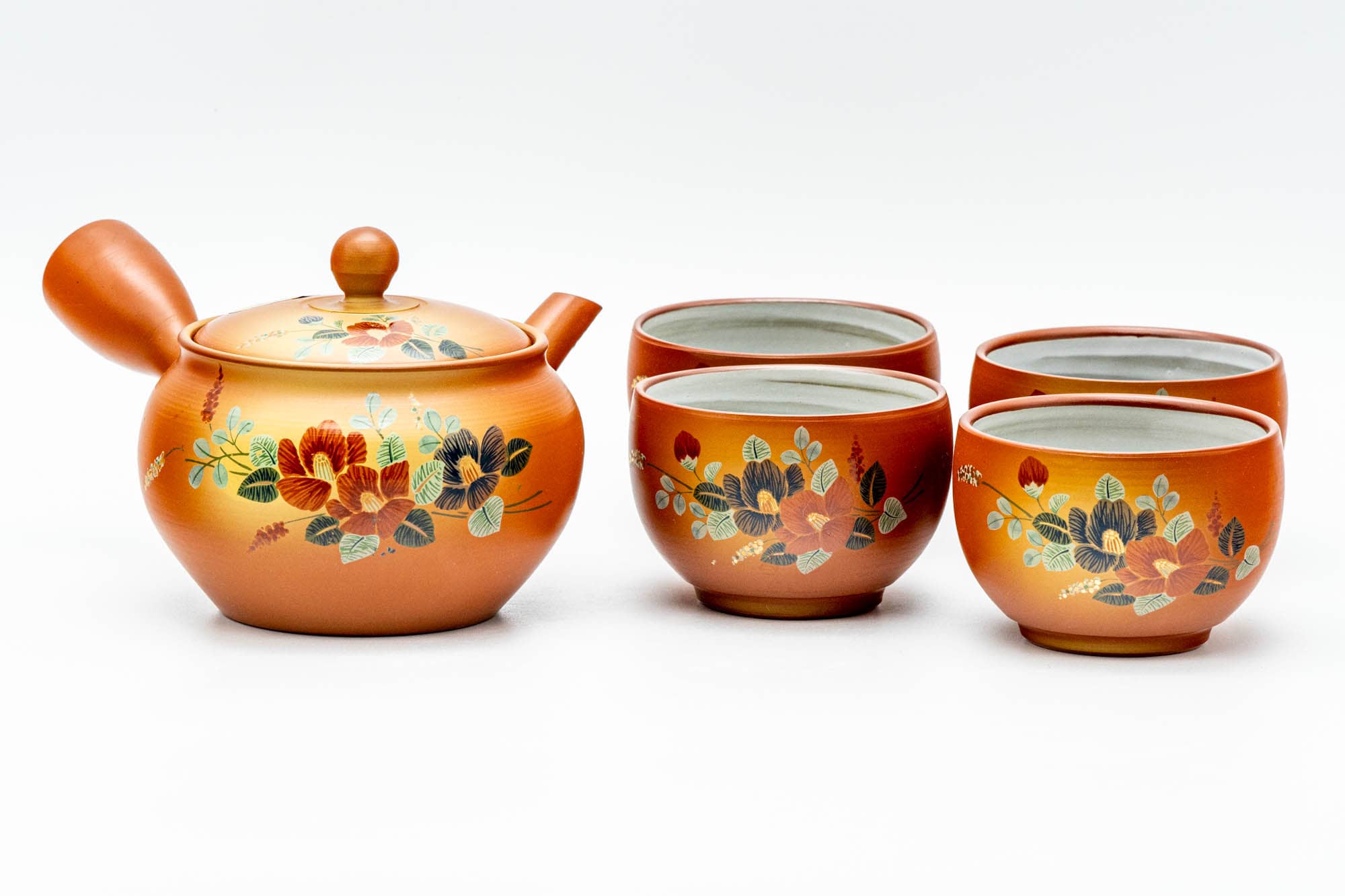 Japanese Tea Set - Floral Tokoname-yaki Kyusu Teapot with 4 Inner-Glazed Yunomi Teacups