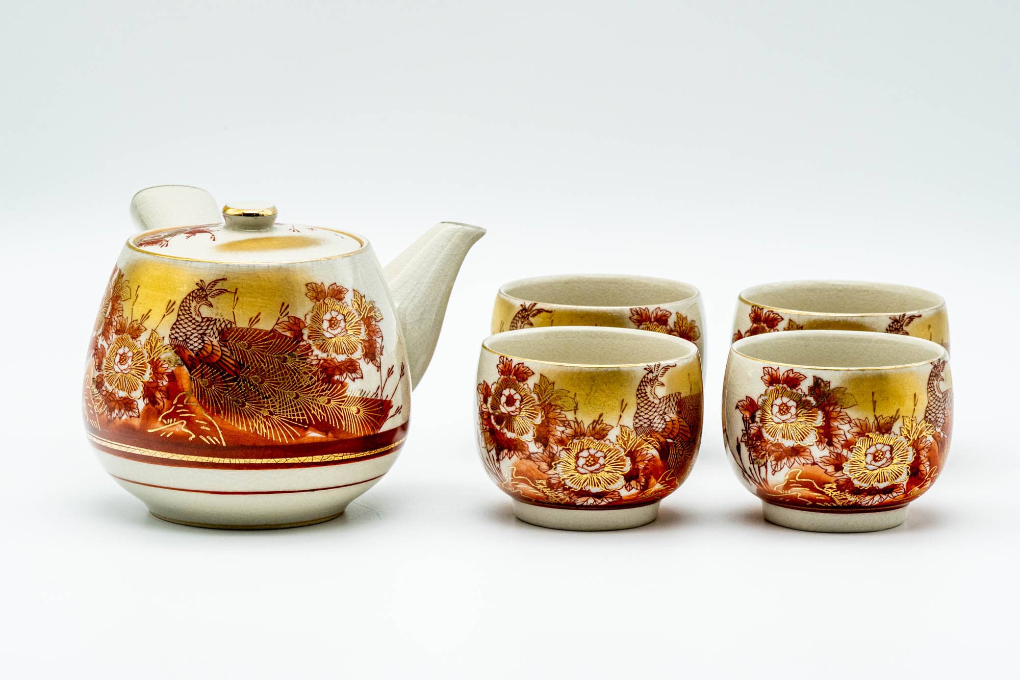 Japanese Tea Set - Red Floral Peacock Kutani-yaki Kyusu Teapot with 4 Yunomi Teacups