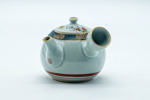 Tezumi — Japanese Tea Set - Villager Decorated Kutani-yaki Kyusu Teapot with 3 Lidded Yunomi Teacups — interior of the teapot showing the filter