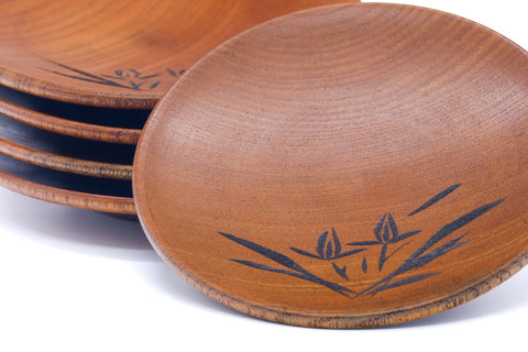 Japanese Chataku - Set of 5 Long Grass Engraved Wooden Plates