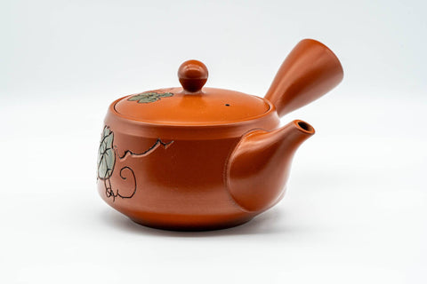 Tezumi — Japanese Kyusu - Grapevine Engraved Tokoname-yaki Obi-ami 360 Mesh Teapot - 370ml — side view with the lid and side handle