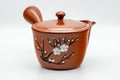 Tezumi — Japanese Kyusu - Plum Blossom Engraved Tokoname-yaki Mesh Teapot - 300ml — three-quarter view