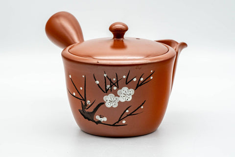 Tezumi — Japanese Kyusu - Plum Blossom Engraved Tokoname-yaki Mesh Teapot - 300ml — three-quarter view
