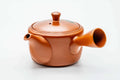 Red shudei Tokoname kyusu, three-quarter view from the rear with the handle to the right