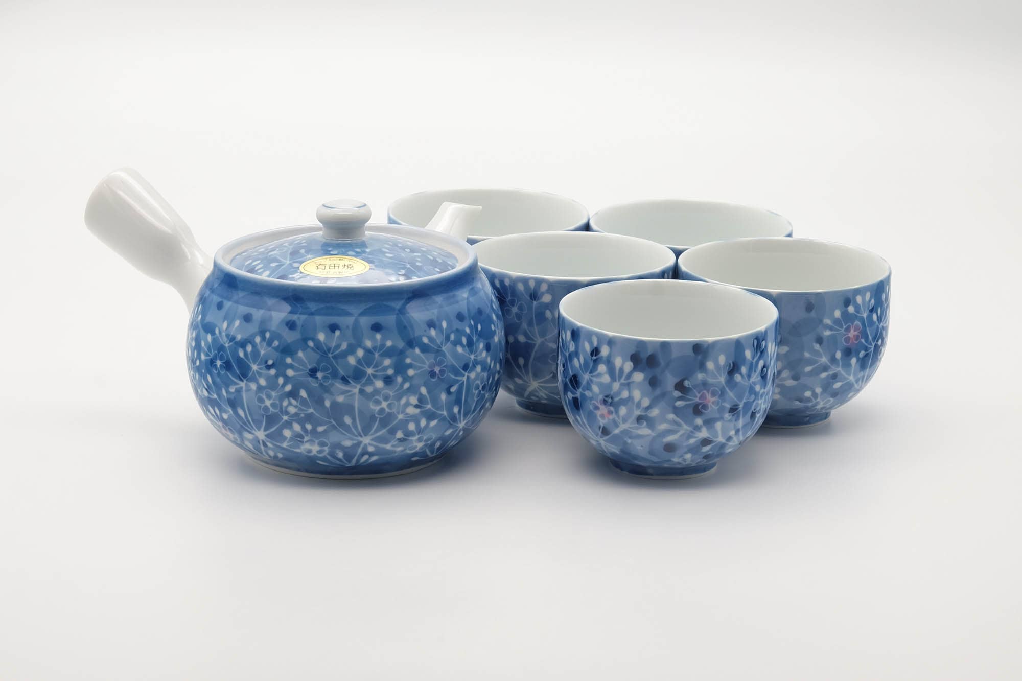 Japanese Tea Set - Blue Floral Arita-yaki Kyusu Teapot with 5 Yunomi Teacups
