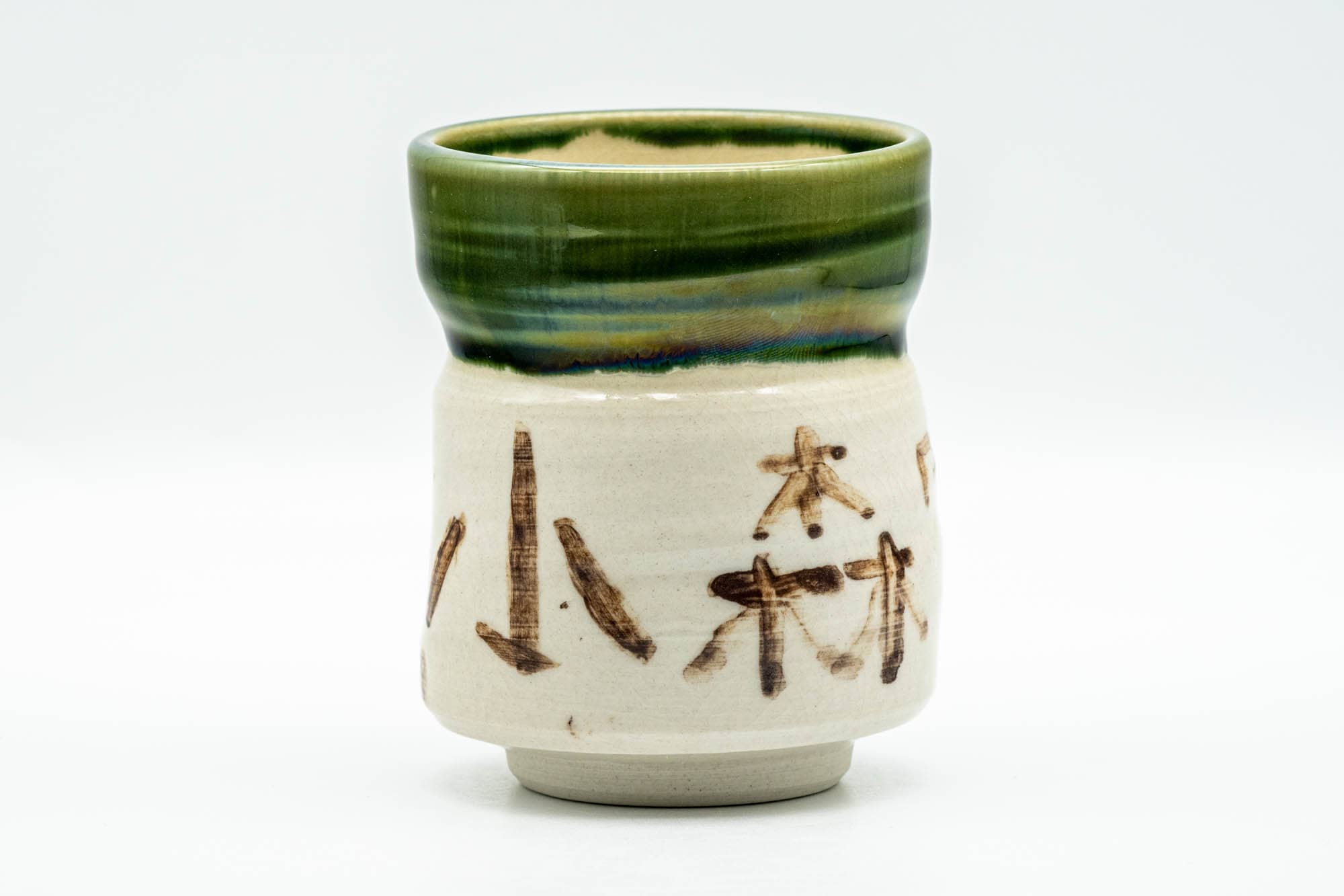 Japanese Teacup - Kanji Green Drip-Glazed Oribe-yaki Waisted Yunomi - 180ml