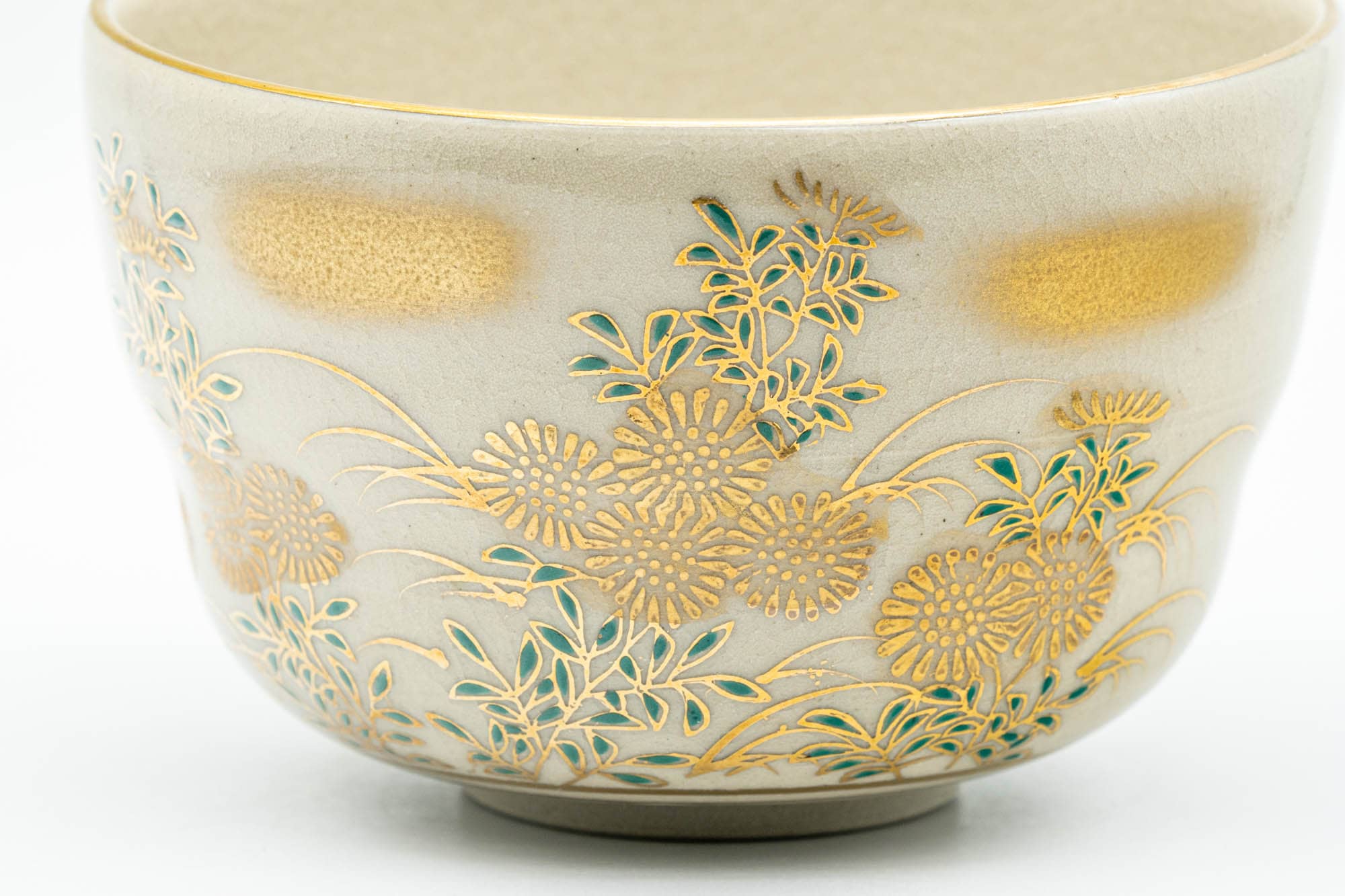 Japanese Matcha Bowl - Gold Green Floral Kutani-yaki Chawan - 350ml - Tezumi