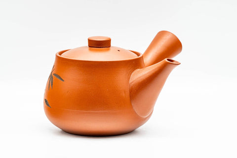 Japanese Kyusu - Bamboo Engraved Red Shudei Tokoname-yaki Ceramic Filter Teapot - 315ml - raised three-quarter view from the front