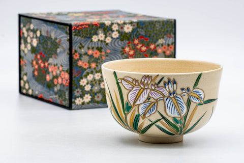 Japanese Matcha Bowl - Biege Floral Kyo-yaki Chawan - 300ml