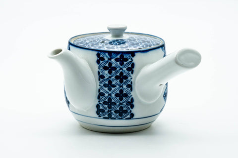 Japanese Kyusu - Blue Geometric Tessellated Arita-yaki Porcelain Teapot - 350ml - three-quarter view from the spout side