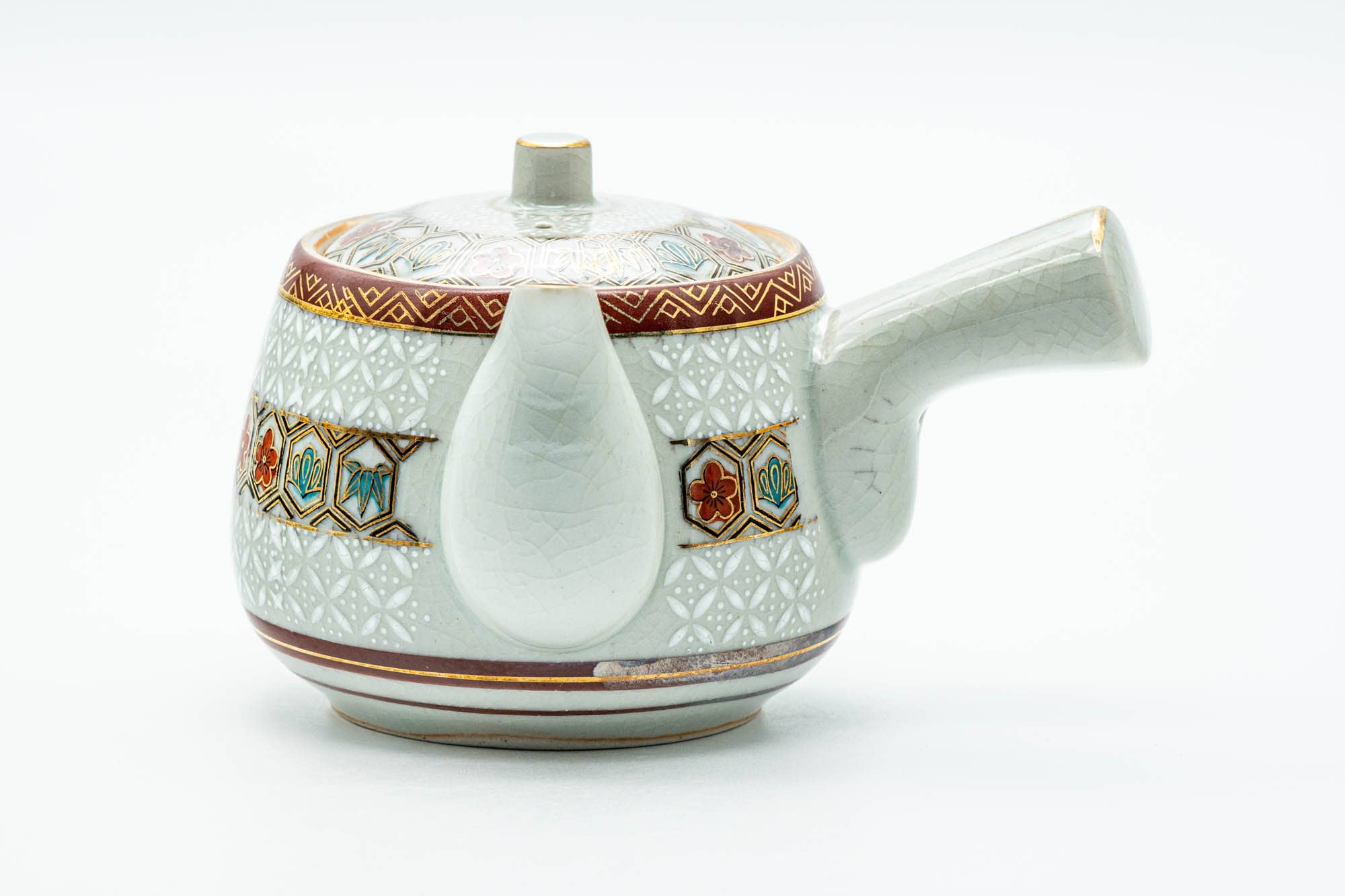 Japanese Tea Set - Gold White Floral Geometric Kutani-yaki Kyusu Teapot with 4 Yunomi Teacups