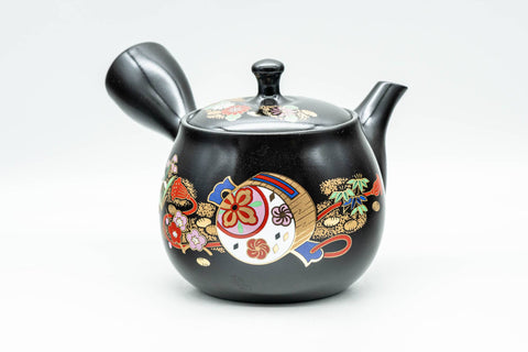 Japanese Kyusu - Floral Black Kurodei Tokoname-yaki Teapot - 400ml - Tezumi