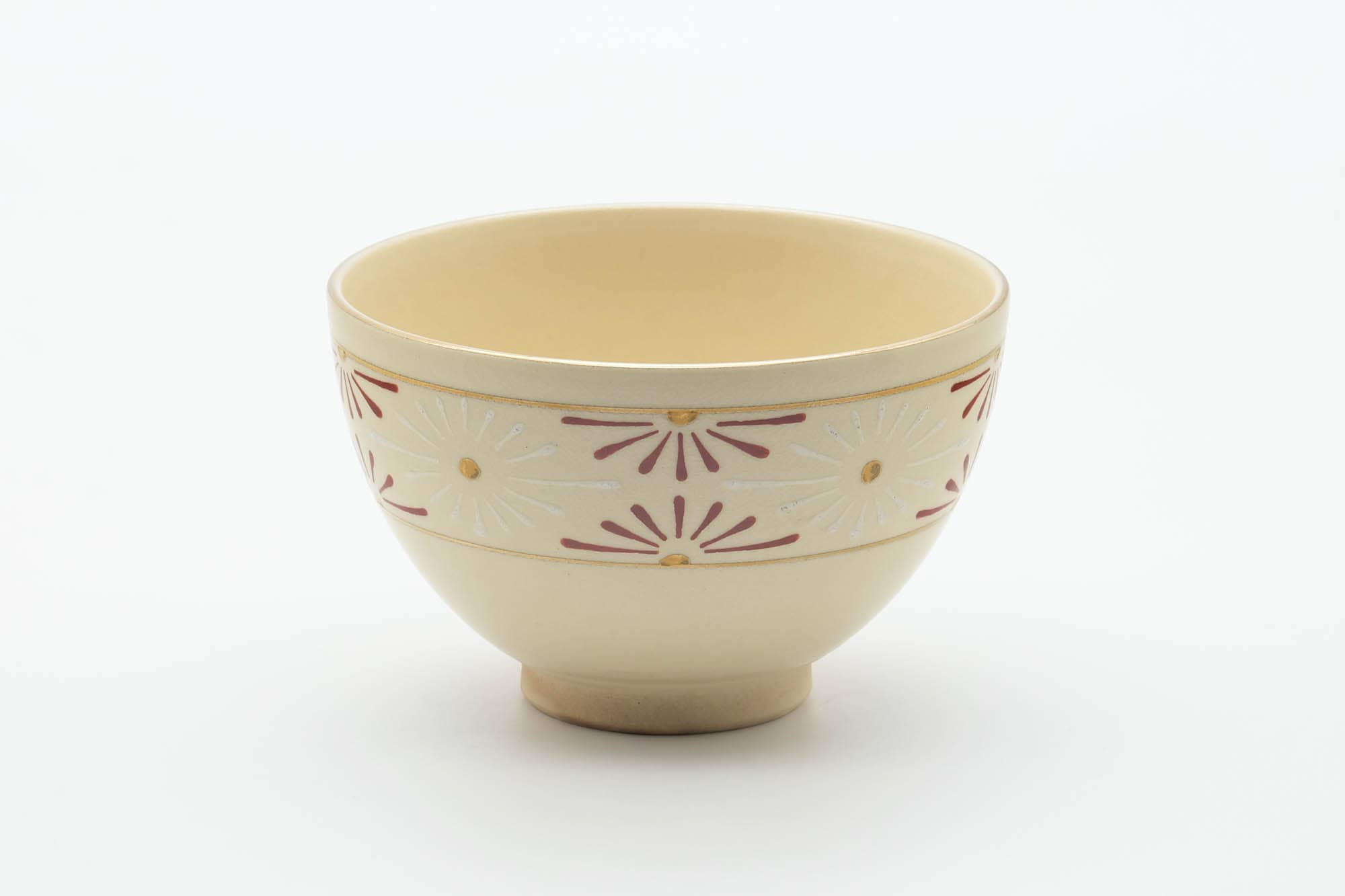 Japanese Matcha Bowl - Red White Geometric Beige Glazed Kyo-yaki Chawan - 400ml