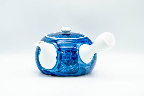 Japanese Kyusu - Blue Floral Porcelain Arita-yaki Debeso Teapot - side profile view