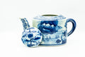 Japanese Kyusu - Blue Geometric Mountainous Motif Porcelain Do-ake Ushirode Teapot - 550ml - three-quarter view showing the handle and spout