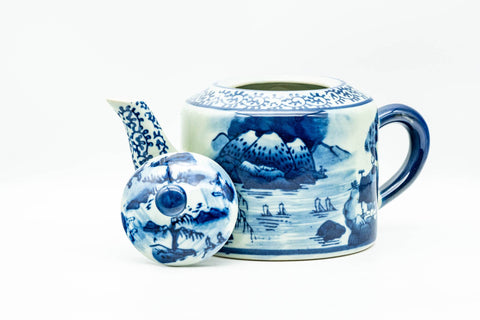 Japanese Kyusu - Blue Geometric Mountainous Motif Porcelain Do-ake Ushirode Teapot - 550ml - three-quarter view showing the handle and spout