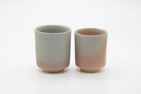 Japanese Teacups - Pair of Kanji Glazed Hagi-yaki Meoto Yunomi