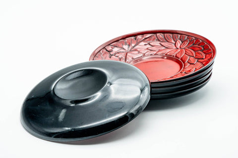 Japanese Chataku - Set of 5 Carved Floral Red Black Lacquer Tea Saucers