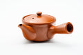Japanese Kyusu - Mountainous Red Shudei Tokoname-yaki Mesh Teapot - 270ml - side profile with the spout to the left showing the engraved scene