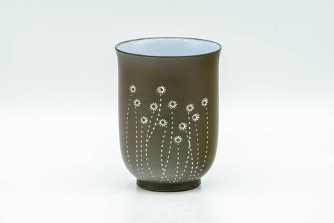 Japanese Teacup - Floral Green Ryokudei Tokoname-yaki Yunomi - 130ml - front view showing the white floral decoration on the green clay