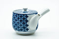 Japanese Kyusu - Blue Geometric Tessellated Arita-yaki Porcelain Teapot - 350ml - three-quarter front view showing the pattern and lid knob