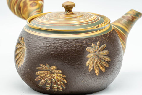 Japanese Kyusu - Engraved Floral Nerikomi Textured Tokoname-yaki Debeso Teapot - 240ml - Tezumi