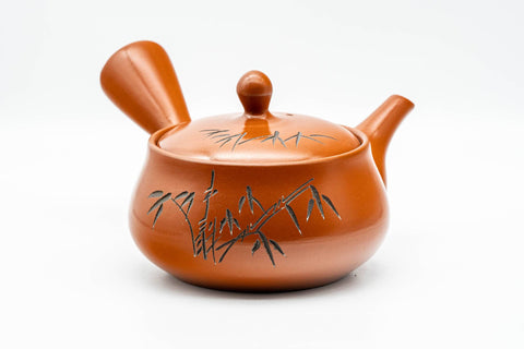 Tezumi — Japanese Kyusu - Bamboo Engraved Tokoname-yaki Mesh Teapot - 350ml — three-quarter view