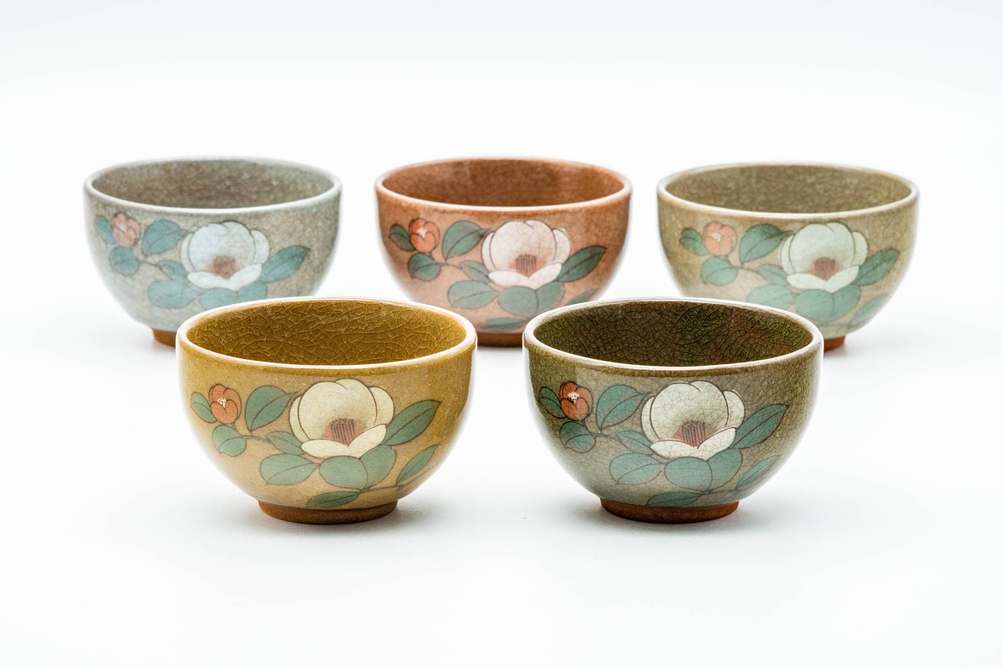 Japanese Teacups - Set of 5 Unique Floral Celadon Glazed Yunomi - 150ml