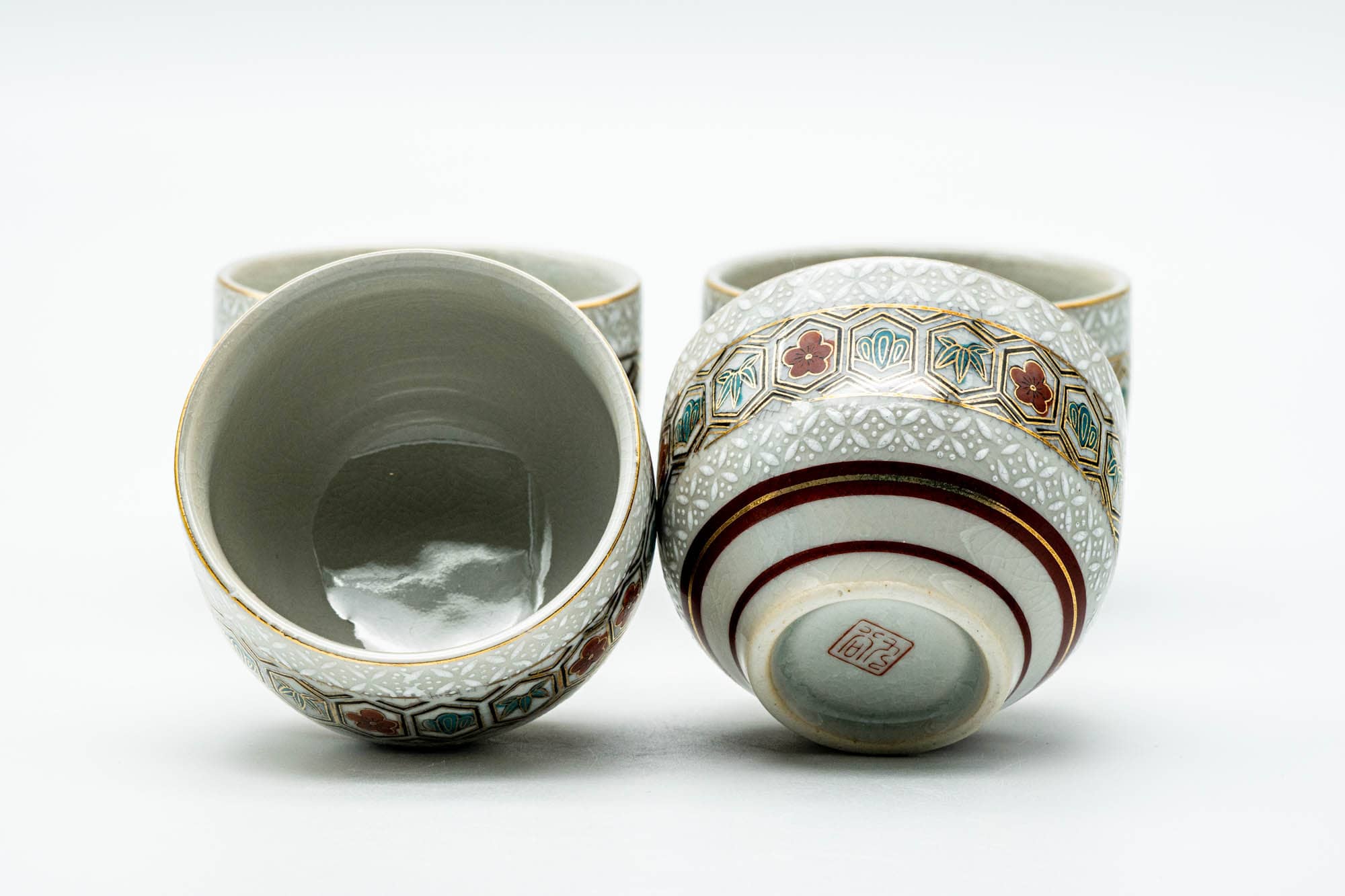 Japanese Tea Set - Gold White Floral Geometric Kutani-yaki Kyusu Teapot with 4 Yunomi Teacups