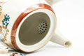 Japanese Tea Set - Gold Red Floral Kutani-yaki Kyusu Teapot with 5 Yunomi Teacups - close-up inside showing the strainer holes