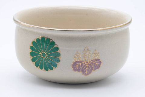Tezumi — Japanese Kensui - Floral Beige White Glazed Kyo-yaki Water Bowl - 400ml — tipped to show the interior