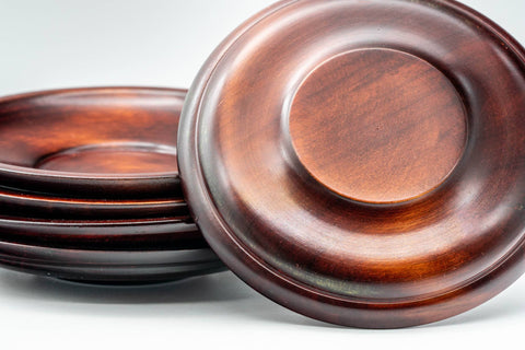 Japanese Chataku - Set of 5 Floral Engraved Red Wood Tea Saucers - Tezumi
