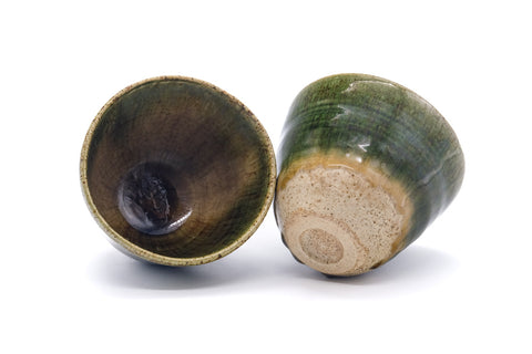 Japanese Teacups - Pair of Large Green Blue Drip-Glazed Yunomi - 300ml