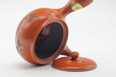 Japanese Kyusu - Large Floral Engraved Red Shudei Tokoname-yaki Mesh Filter Teapot - 500ml