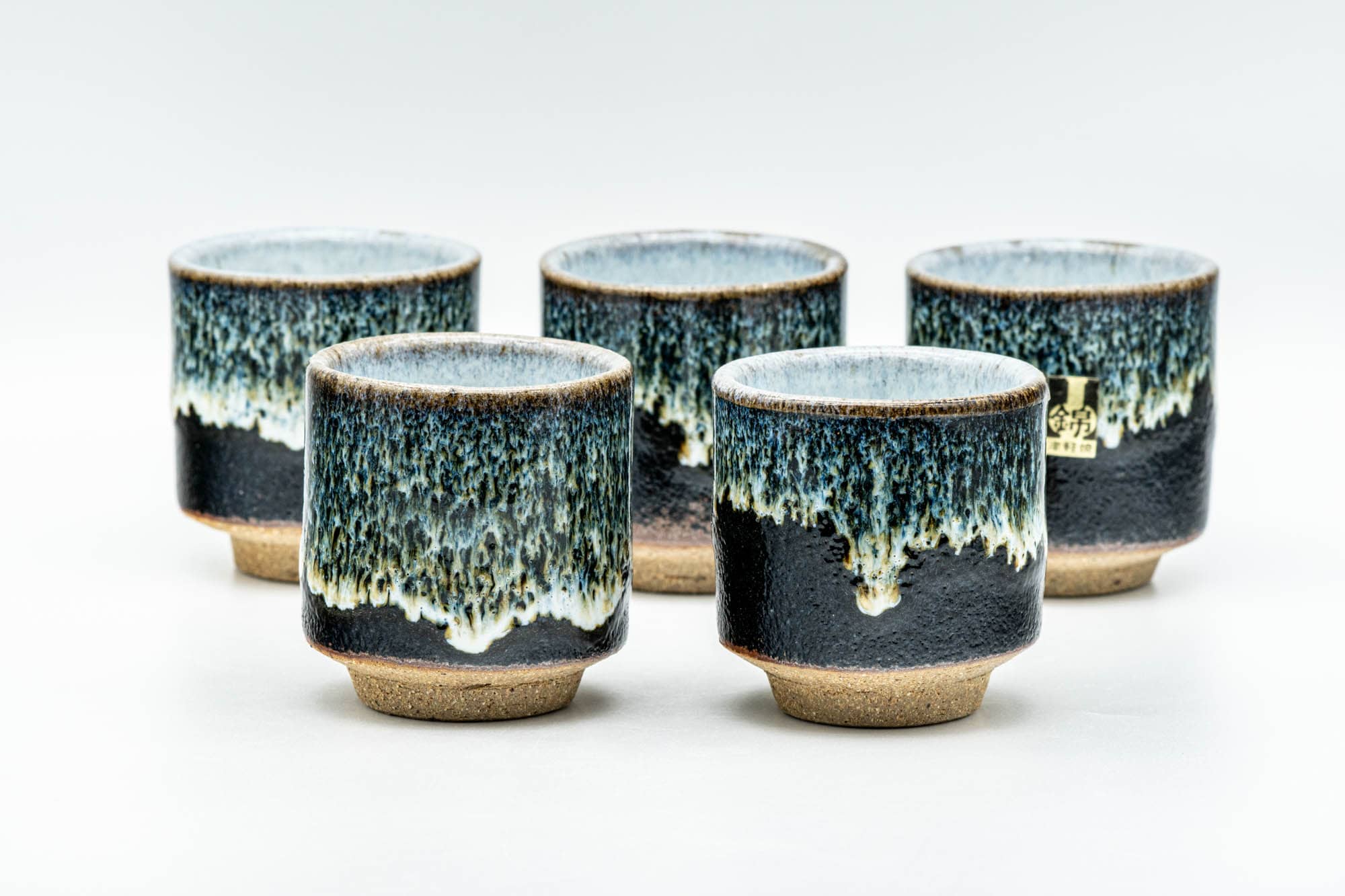 Japanese Teacups - Set of 5 Jet Black Blue Drip-Glazed Yunomi - 80ml - Tezumi