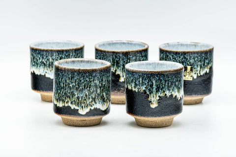 Tezumi — Japanese Teacups - Set of 5 Jet Black Blue Drip-Glazed Yunomi - 80ml — front view from another angle