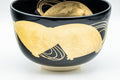 Japanese Matcha Bowl - Black Gold Glazed Geometric Komogai-nari Kyo-yaki Chawan  - 350ml - Tezumi