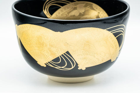 Japanese Matcha Bowl - Black Gold Glazed Geometric Komogai-nari Kyo-yaki Chawan  - 350ml - Tezumi