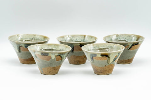 Japanese Tea Set - Hare's Fur Drip-Glazed Akogi-yaki Shiboridashi Teapot with 5 Guinomi Teacups - the five guinomi teacups arranged together