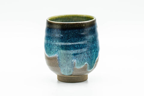 Japanese Teacup - Blue Hare's Fur Drip Glazed Yunomi - 115ml - front view of the blue hare's fur drip-glazed cup