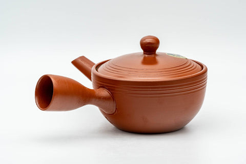 Japanese Kyusu - Spiraling Red Shudei Tokoname-yaki Mesh Teapot - 250ml - three-quarter front view with the spout to the left