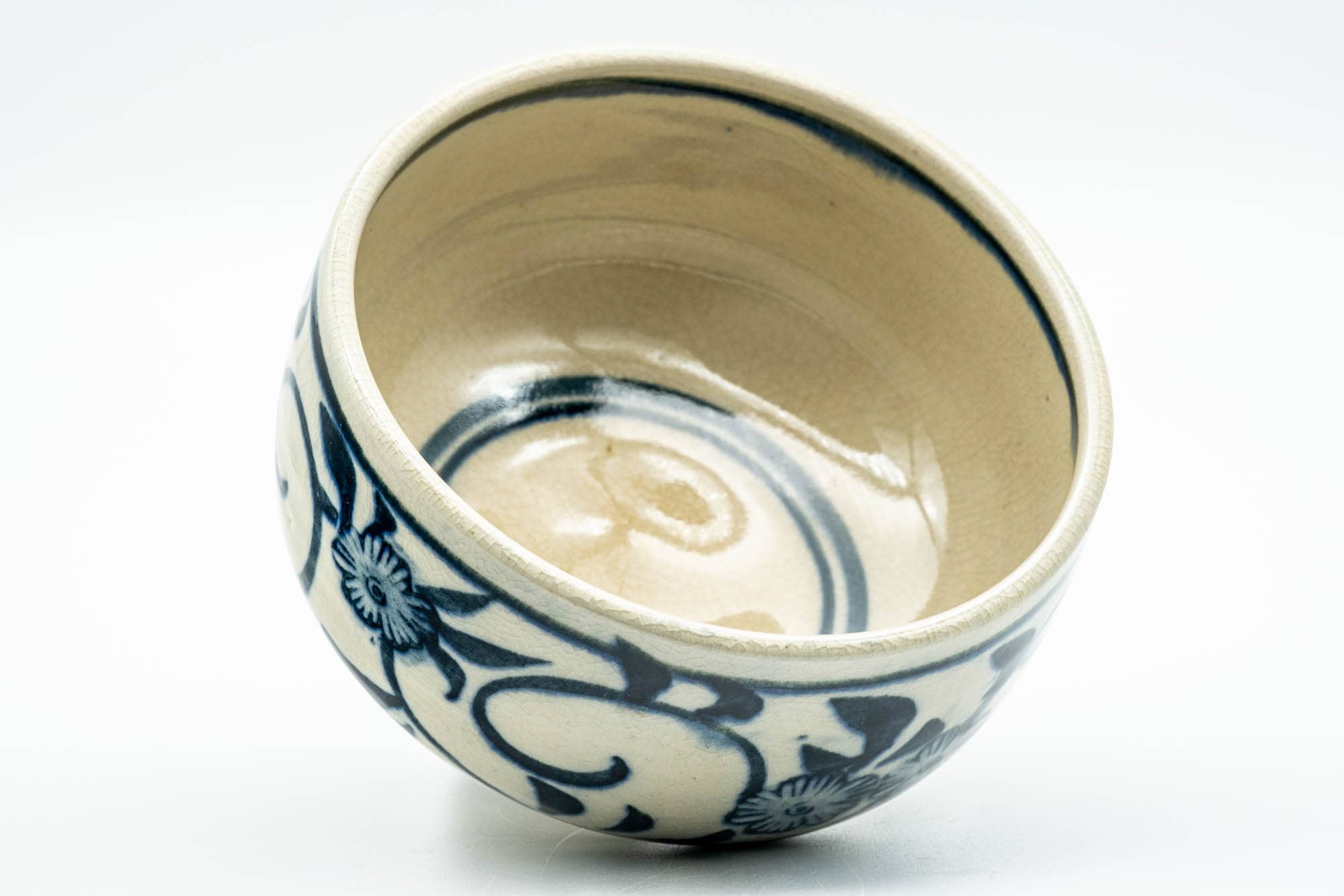 Japanese Matcha Bowl - Blue Floral Geometric Hantsutsu-gata Chawan - 350ml - Tezumi