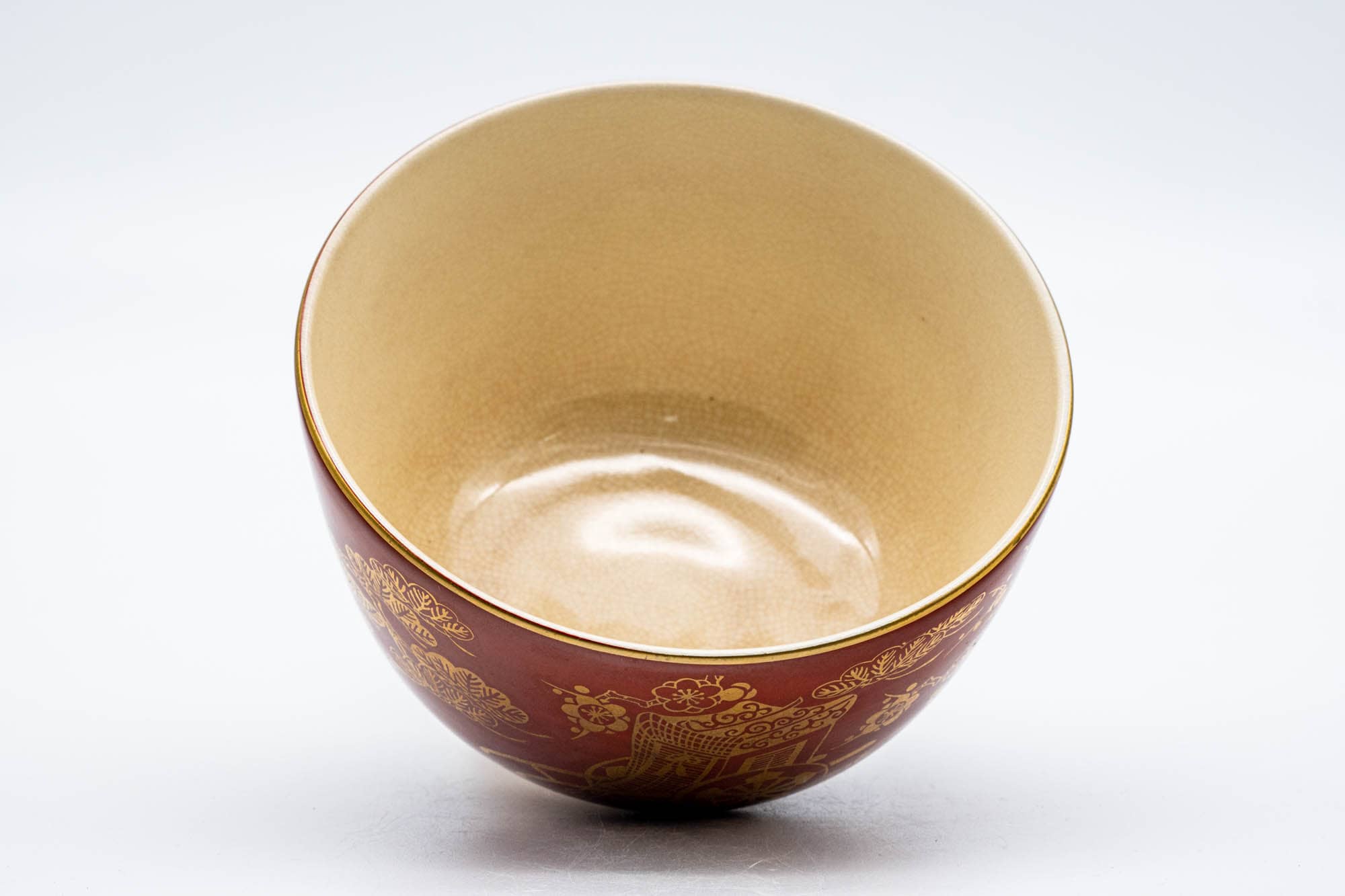 Japanese Matcha Bowl - Bamboo Floral Gold Red Kyo-yaki Chawan - 250ml